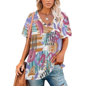 AILLOSA YH-305 Tamamı Baskılı V Yaka Kısa Kollu Kadın T-Shirt