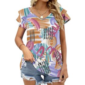 AILLOSA YH-305 V Yakalı Fırfırlı Baskılı Kısa Kollu Kadın T-shirt