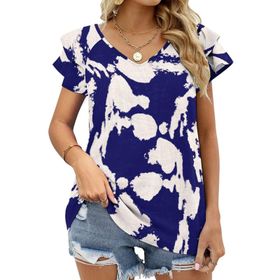 AILLOSA YH-31 V Yakalı Fırfırlı Baskılı Kısa Kollu Kadın T-shirt