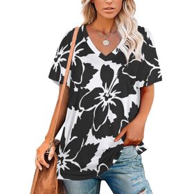 AILLOSA YH-310 Tamamı Baskılı V Yaka Kısa Kollu Kadın T-Shirt