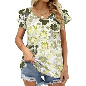 AILLOSA YH-316 V Yakalı Fırfırlı Baskılı Kısa Kollu Kadın T-shirt