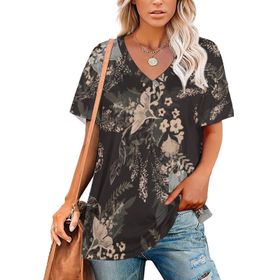 AILLOSA YH-320 Tamamı Baskılı V Yaka Kısa Kollu Kadın T-Shirt