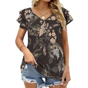 AILLOSA YH-320 V Yakalı Fırfırlı Baskılı Kısa Kollu Kadın T-shirt