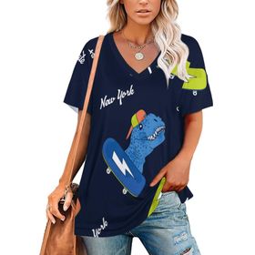 AILLOSA YH-321 Tamamı Baskılı V Yaka Kısa Kollu Kadın T-Shirt