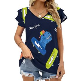 AILLOSA YH-321 V Yakalı Fırfırlı Baskılı Kısa Kollu Kadın T-shirt