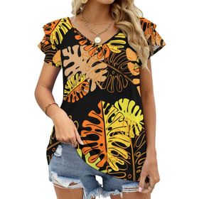 AILLOSA YH-323 V Yakalı Fırfırlı Baskılı Kısa Kollu Kadın T-shirt