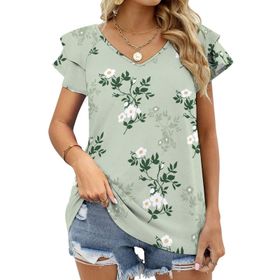 AILLOSA YH-324 V Yakalı Fırfırlı Baskılı Kısa Kollu Kadın T-shirt