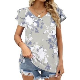 AILLOSA YH-326 V Yakalı Fırfırlı Baskılı Kısa Kollu Kadın T-shirt