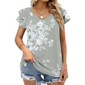 AILLOSA YH-327 V Yakalı Fırfırlı Baskılı Kısa Kollu Kadın T-shirt