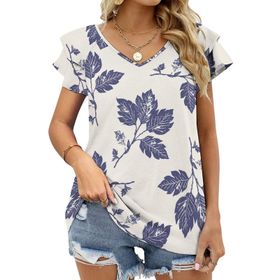 AILLOSA YH-33 V Yakalı Fırfırlı Baskılı Kısa Kollu Kadın T-shirt