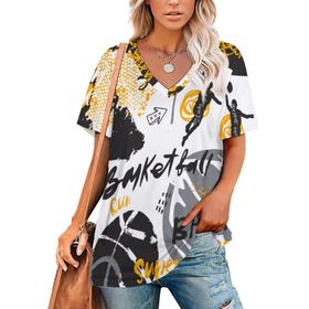 AILLOSA YH-330 Tamamı Baskılı V Yaka Kısa Kollu Kadın T-Shirt