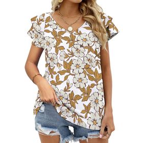 AILLOSA YH-332 V Yakalı Fırfırlı Baskılı Kısa Kollu Kadın T-shirt
