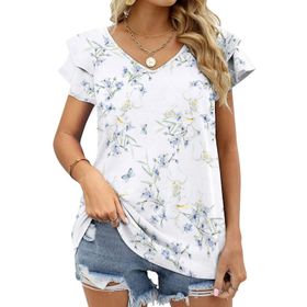 AILLOSA YH-334 V Yakalı Fırfırlı Baskılı Kısa Kollu Kadın T-shirt