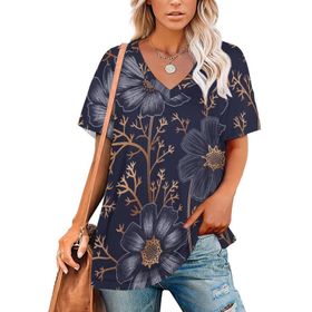 AILLOSA YH-337 Tamamı Baskılı V Yaka Kısa Kollu Kadın T-Shirt