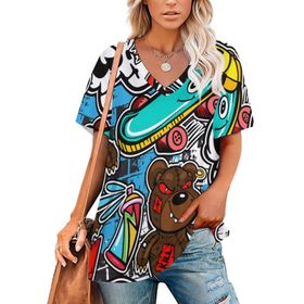 AILLOSA YH-339 Tamamı Baskılı V Yaka Kısa Kollu Kadın T-Shirt