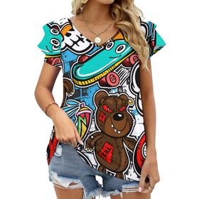AILLOSA YH-339 V Yakalı Fırfırlı Baskılı Kısa Kollu Kadın T-shirt