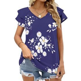 AILLOSA YH-341 V Yakalı Fırfırlı Baskılı Kısa Kollu Kadın T-shirt