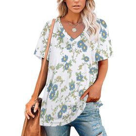 AILLOSA YH-342 Tamamı Baskılı V Yaka Kısa Kollu Kadın T-Shirt