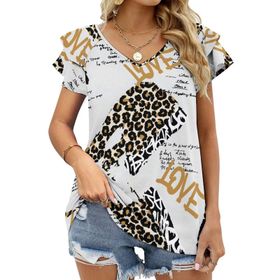 AILLOSA YH-344 V Yakalı Fırfırlı Baskılı Kısa Kollu Kadın T-shirt