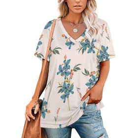 AILLOSA YH-345 Tamamı Baskılı V Yaka Kısa Kollu Kadın T-Shirt