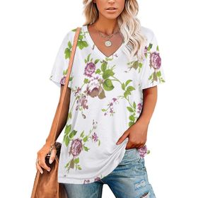 AILLOSA YH-346 Tamamı Baskılı V Yaka Kısa Kollu Kadın T-Shirt