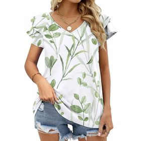 AILLOSA YH-349 V Yakalı Fırfırlı Baskılı Kısa Kollu Kadın T-shirt