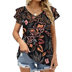 AILLOSA YH-350 V Yakalı Fırfırlı Baskılı Kısa Kollu Kadın T-shirt