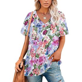 AILLOSA YH-351 Tamamı Baskılı V Yaka Kısa Kollu Kadın T-Shirt