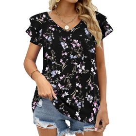 AILLOSA YH-353 V Yakalı Fırfırlı Baskılı Kısa Kollu Kadın T-shirt