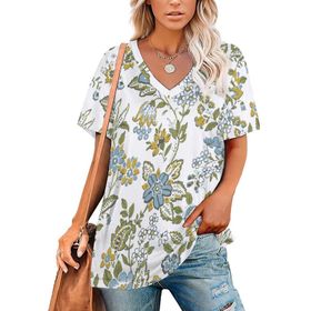 AILLOSA YH-354 Tamamı Baskılı V Yaka Kısa Kollu Kadın T-Shirt