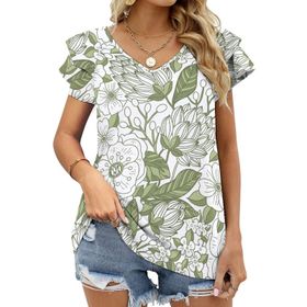 AILLOSA YH-357 V Yakalı Fırfırlı Baskılı Kısa Kollu Kadın T-shirt