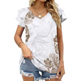 AILLOSA YH-358 V Yakalı Fırfırlı Baskılı Kısa Kollu Kadın T-shirt