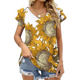 AILLOSA YH-359 Tamamı Baskılı Fırfırlı Kısa Kollu V Yakalı Kadın T-shirt