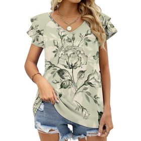 AILLOSA YH-360 Tamamı Baskılı Fırfırlı Kısa Kollu V Yakalı Kadın T-shirt
