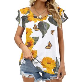AILLOSA YH-361 Tamamı Baskılı Fırfırlı Kısa Kollu V Yakalı Kadın T-shirt
