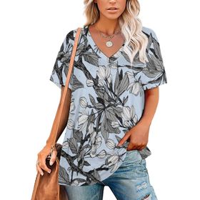 AILLOSA YH-363 Tamamı Baskılı V Yaka Kısa Kollu Kadın T-Shirt