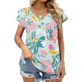 AILLOSA YH-365 Tamamı Baskılı Fırfırlı Kısa Kollu V Yakalı Kadın T-shirt