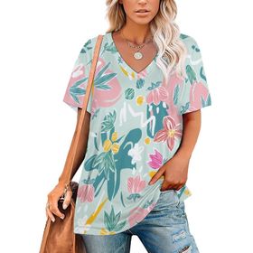 AILLOSA YH-365 Tamamı Baskılı V Yaka Kısa Kollu Kadın T-Shirt
