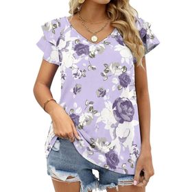 AILLOSA YH-366 Tamamı Baskılı Fırfırlı Kısa Kollu V Yakalı Kadın T-shirt