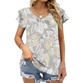 AILLOSA YH-369 Tamamı Baskılı Fırfırlı Kısa Kollu V Yakalı Kadın T-shirt