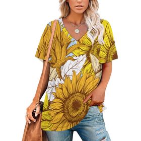 AILLOSA YH-374 Tamamı Baskılı V Yaka Kısa Kollu Kadın T-Shirt