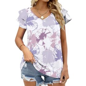 AILLOSA YH-375 Tamamı Baskılı Fırfırlı Kısa Kollu V Yakalı Kadın T-shirt