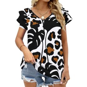 AILLOSA YH-378 Tamamı Baskılı Fırfırlı Kısa Kollu V Yakalı Kadın T-shirt