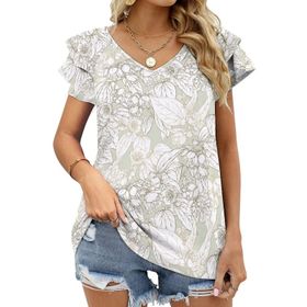 AILLOSA YH-382 Tamamı Baskılı Fırfırlı Kısa Kollu V Yakalı Kadın T-shirt