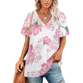 AILLOSA YH-383 Tamamı Baskılı V Yaka Kısa Kollu Kadın T-Shirt