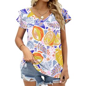 AILLOSA YH-384 Tamamı Baskılı Fırfırlı Kısa Kollu V Yakalı Kadın T-shirt