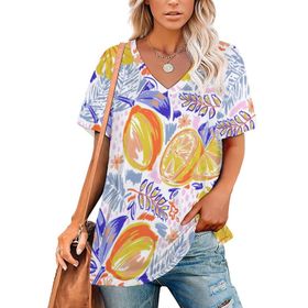 AILLOSA YH-384 Tamamı Baskılı V Yaka Kısa Kollu Kadın T-Shirt