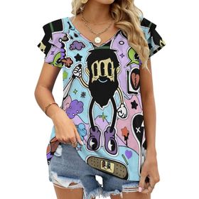 AILLOSA YH-385 Tamamı Baskılı Fırfırlı Kısa Kollu V Yakalı Kadın T-shirt
