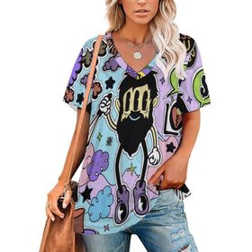 AILLOSA YH-385 Tamamı Baskılı V Yaka Kısa Kollu Kadın T-Shirt
