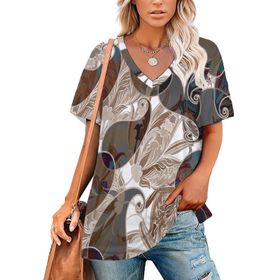 AILLOSA YH-387 Tamamı Baskılı V Yaka Kısa Kollu Kadın T-Shirt